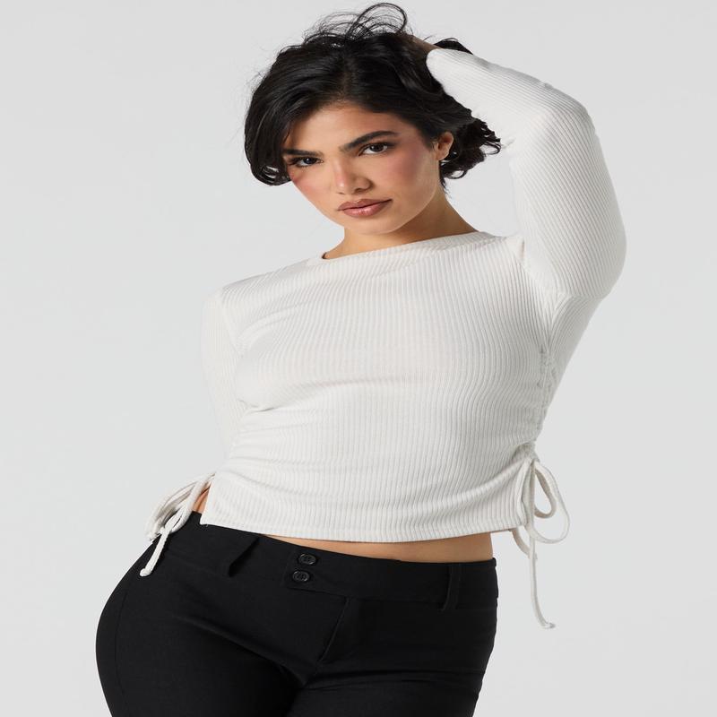 Ribbed Drawstring Side Long Sleeve Top