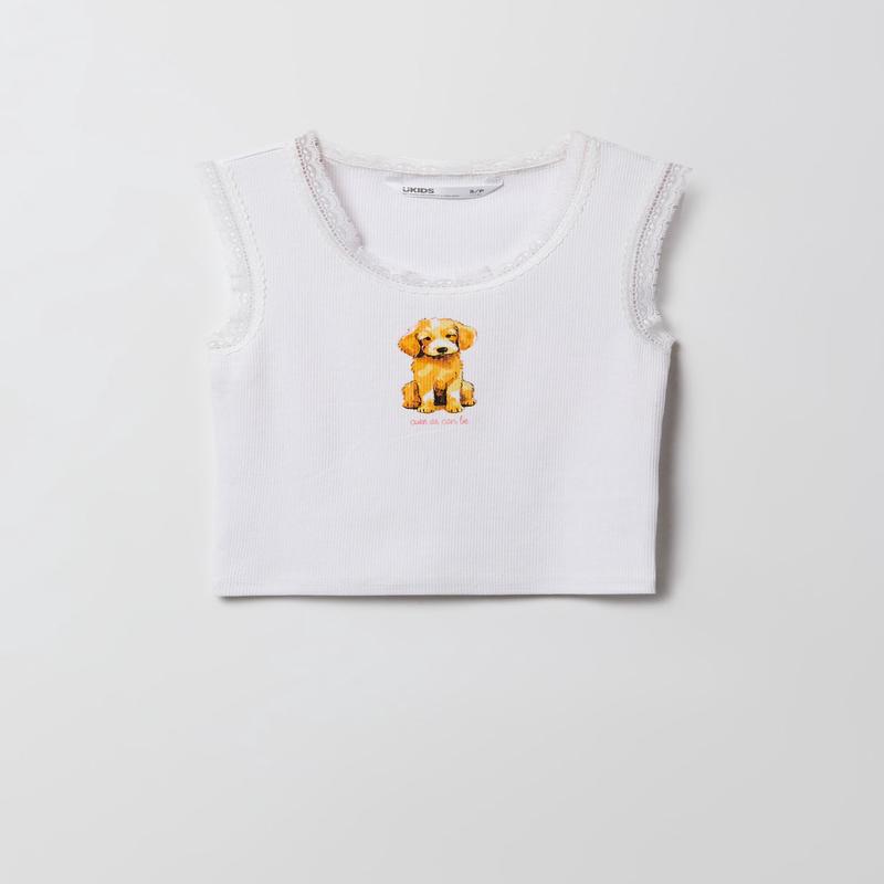 Camisole ctele imprime  bordure en dentelle pour filles