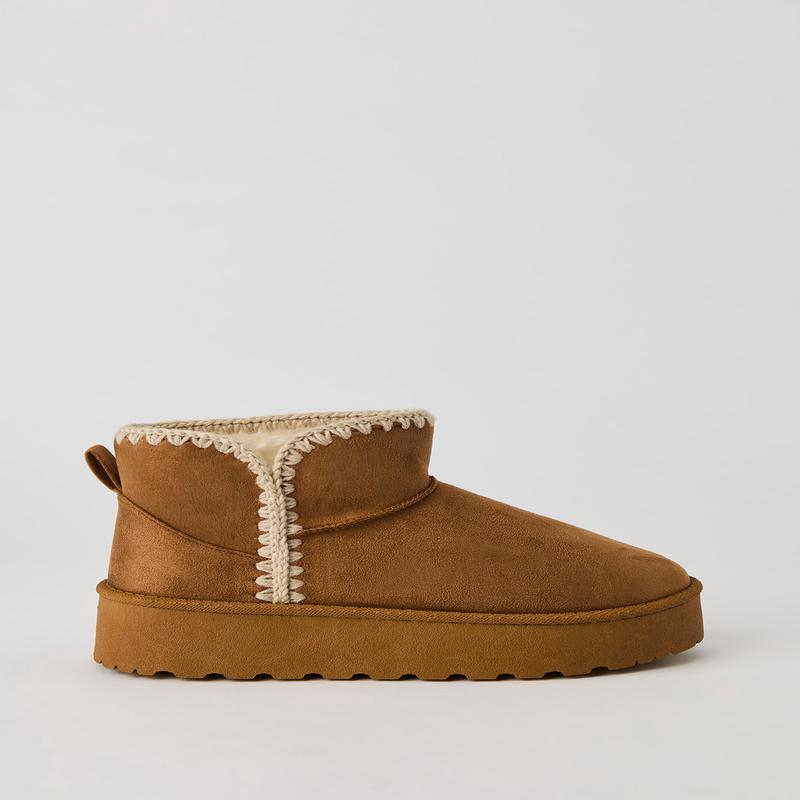 Faux Suede Stitched Trim Platform Slipper Booties