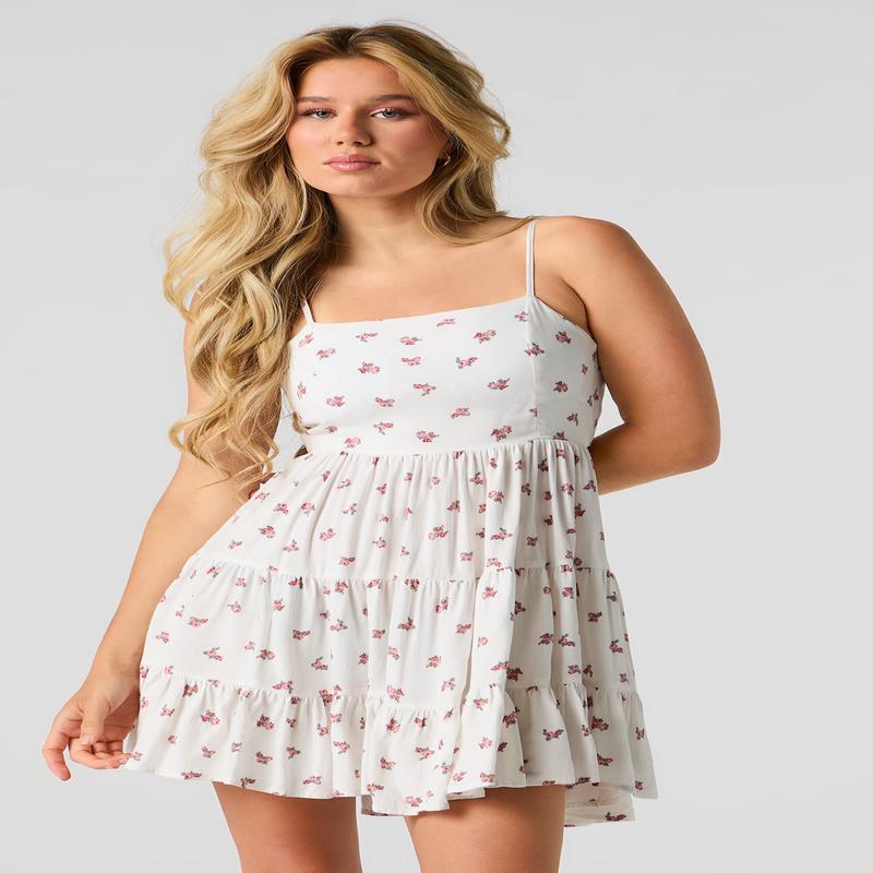 Floral Tie Back Tiered Mini Dress with Built-In Cups