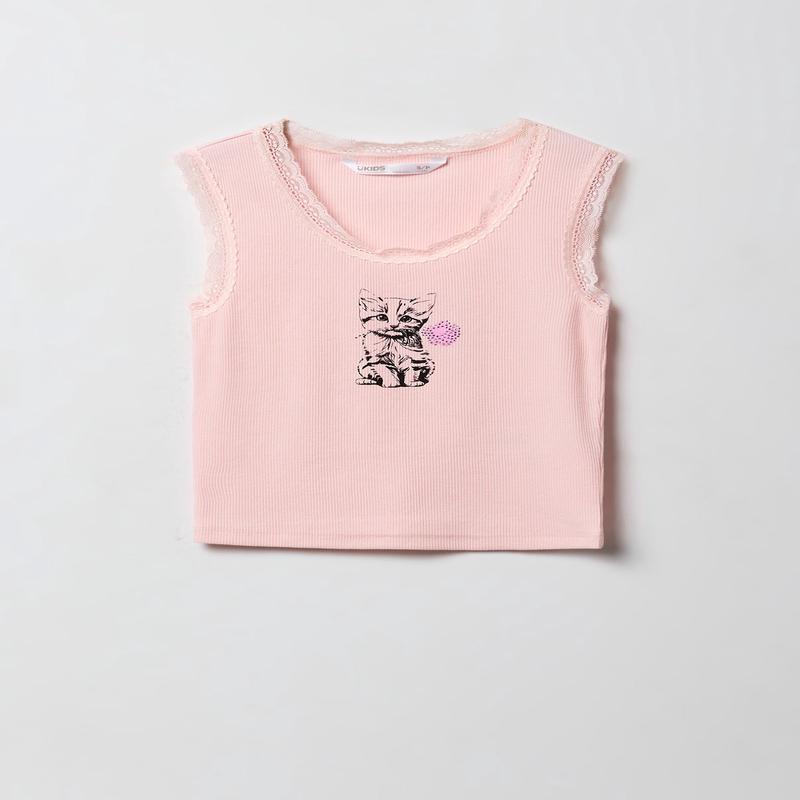 Girls Graphic Ribbed Lace Trim Tank