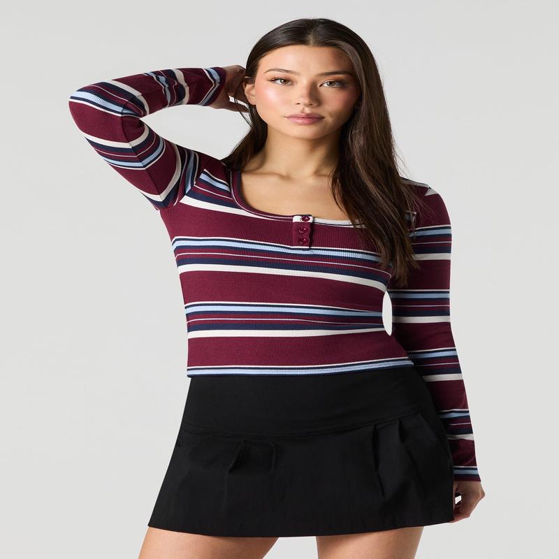 Ribbed Long Sleeve Henley Top