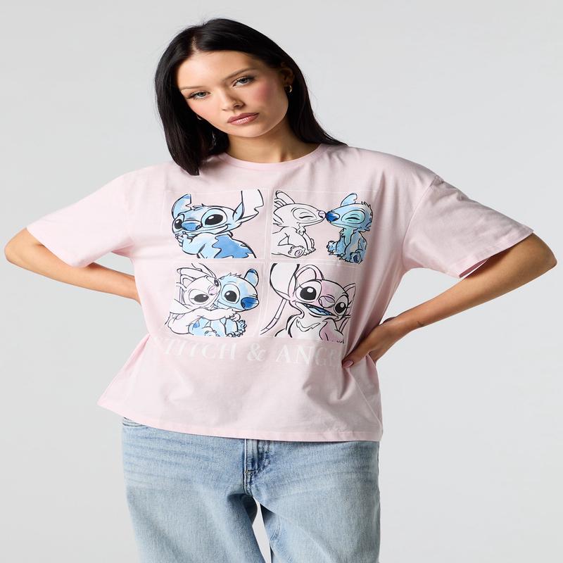 Stitch & Angel Graphic Pink Boyfriend T-Shirt
