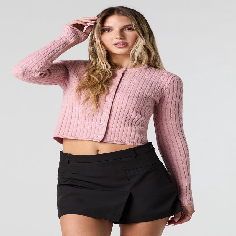 Cable Knit Button Up Cropped Cardigan