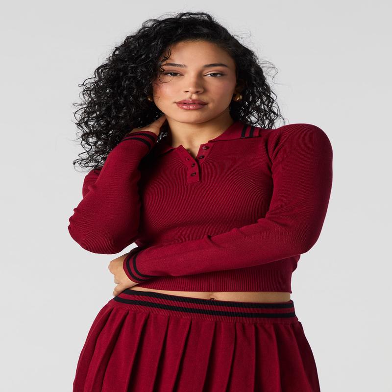 Contrast Knit Long Sleeve Crop Top