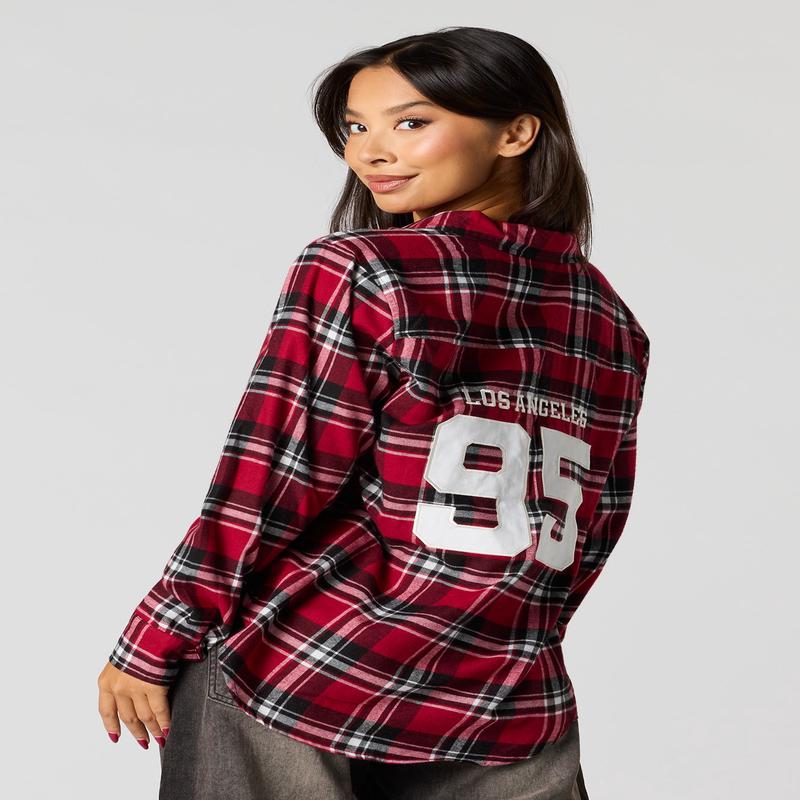 Embroidered Flannel Button-Up Top