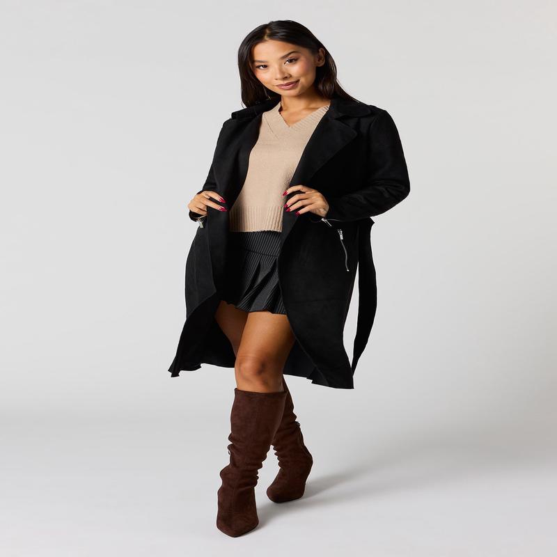 Faux Suede Trench Coat