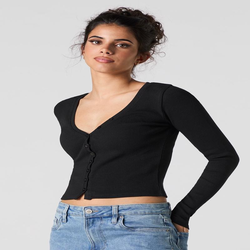 Haut ctel boutonn  col en V et manche longue