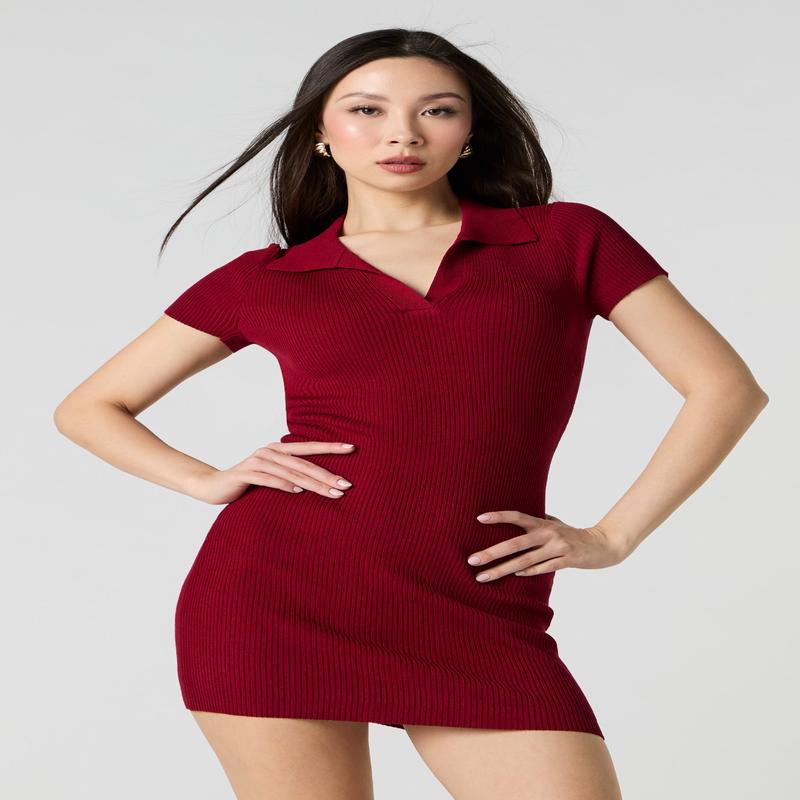 Ribbed Knit Collared Mini Dress