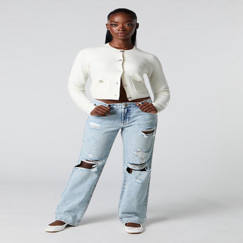 Ripped Low Rise Straight Light Jean