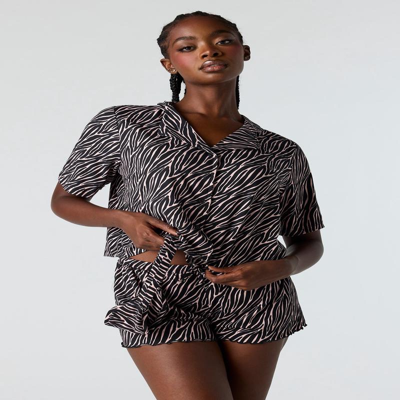 Button-Up Top & Short & Eye Mask Pajama Set