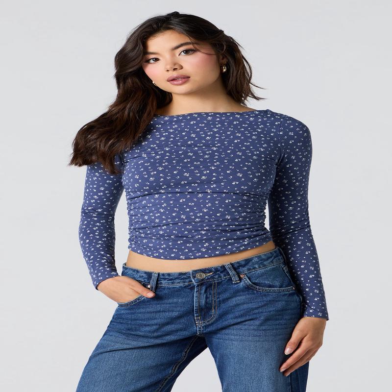 Cinched Boat Neck Long Sleeve Top