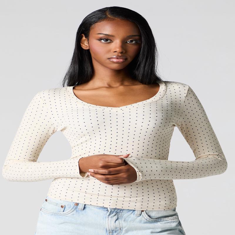 Classic Ribbed V-Neck Long Sleeve Top