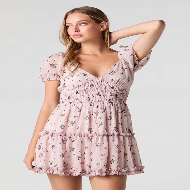 Floral Chiffon V-Neck Tiered Mini Dress