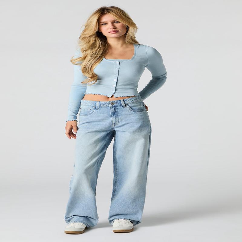 Jean rigide baggy  taille basse dlav ple