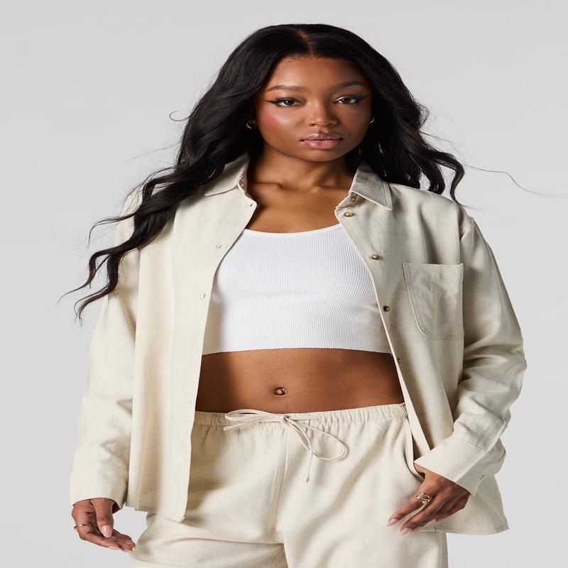 Linen-Blend Long Sleeve Button-Up Top