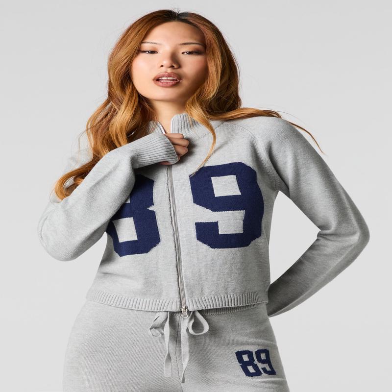 Number Jacquard Knit Zip-Up Sweater