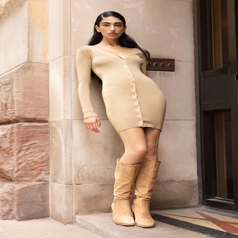 Ribbed Button-Up Sweater Dress