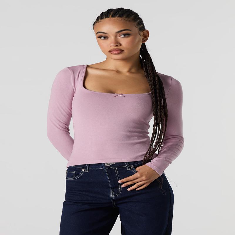 Ribbed Square Neck Long Sleeve Top