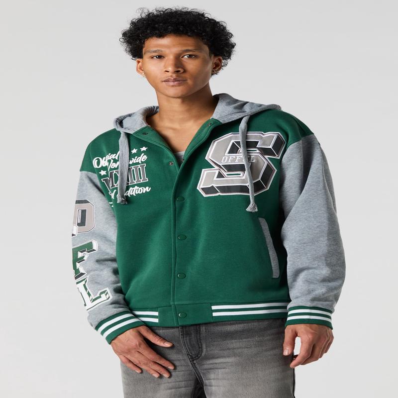 S Twill Embroidered Graphic Fleece Varsity Jacket