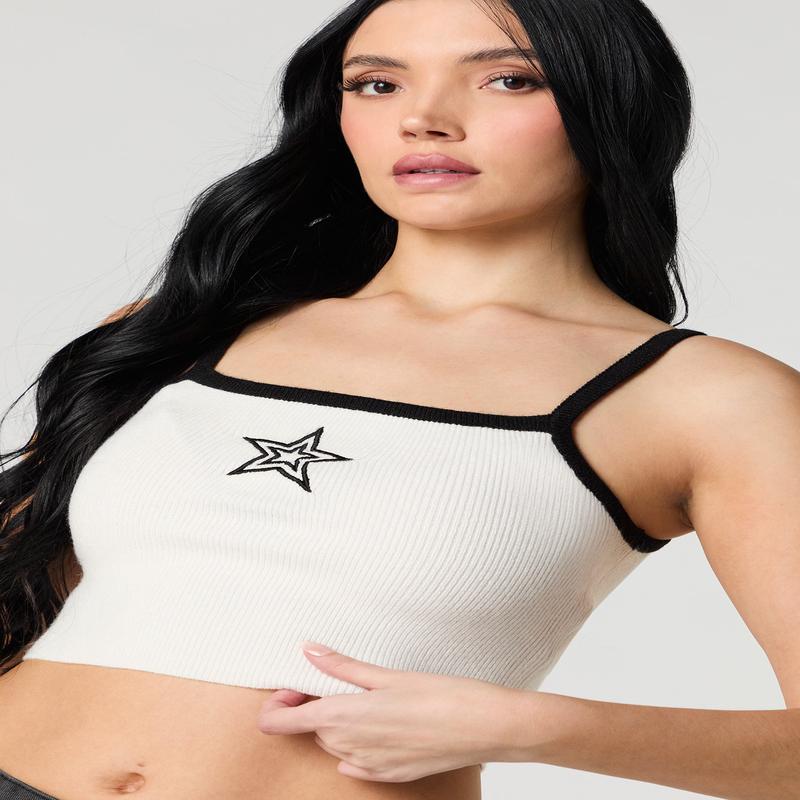 Star Embroidered Ribbed Knit Tank