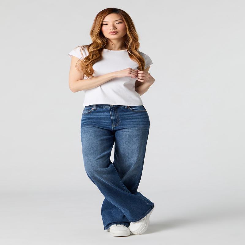 Jean extensible dlav fonc  jambe large et taille haute