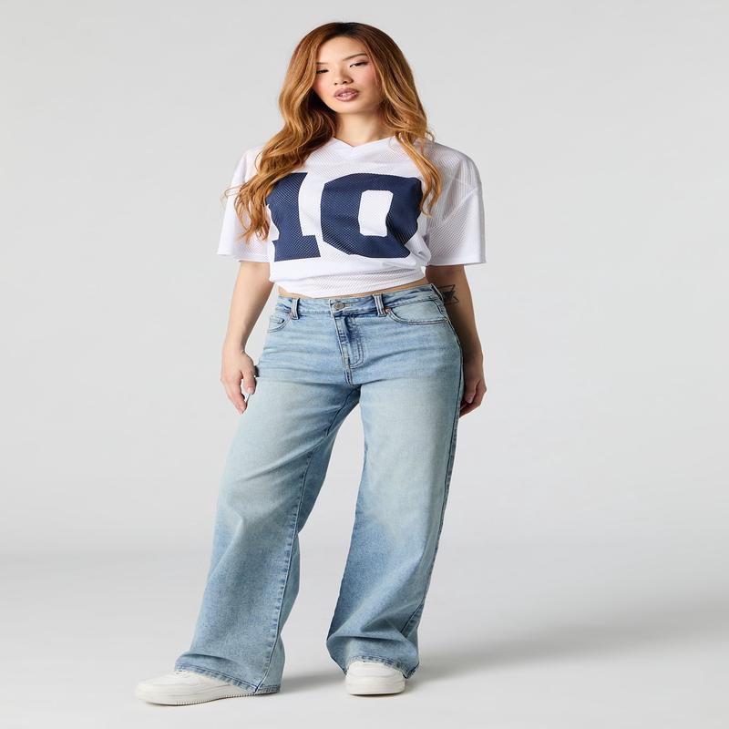 Jean extensible dlav ple  jambe large et taille haute