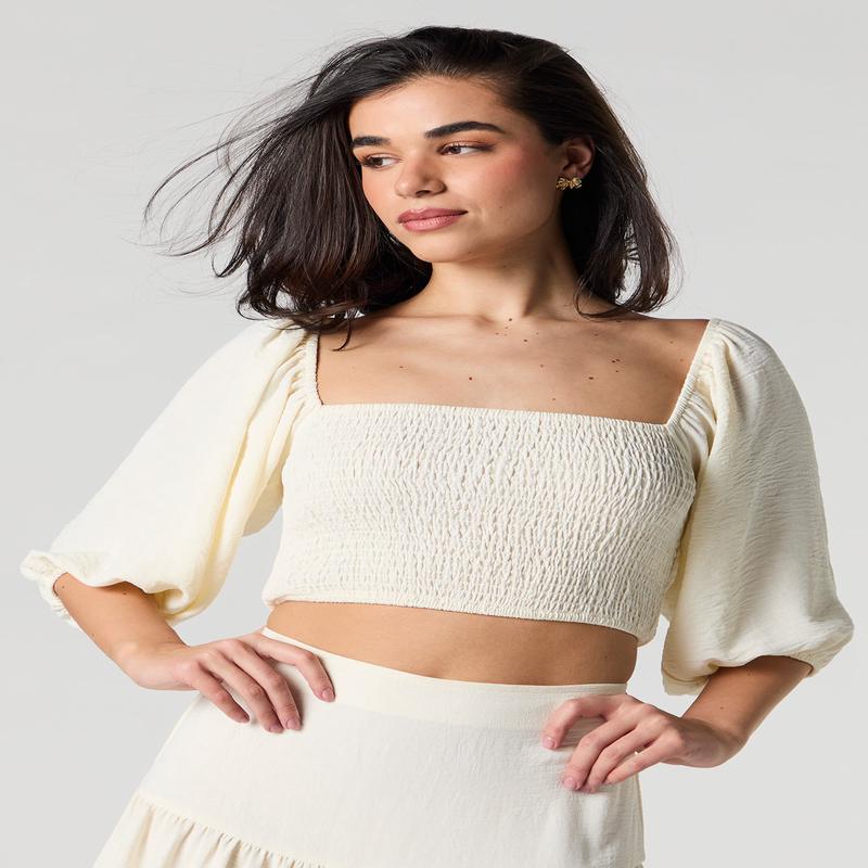 Smocked Puff Sleeve Crop Top