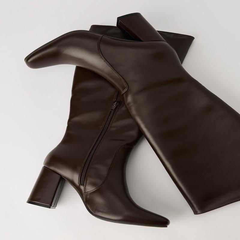 Faux Leather Knee High Heeled Boot