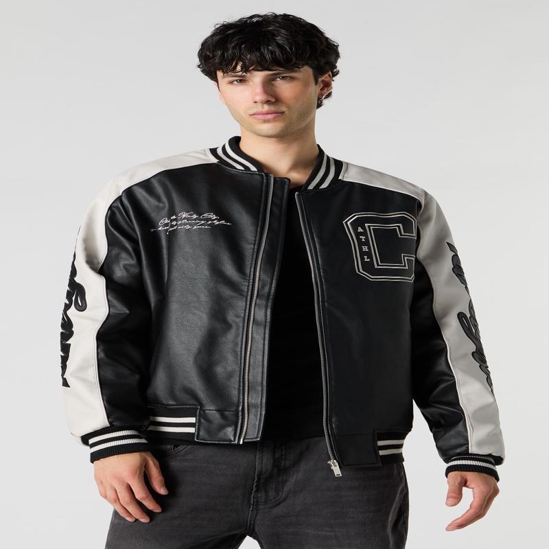 Faux-Leather Twill Embroidered Varsity Jacket