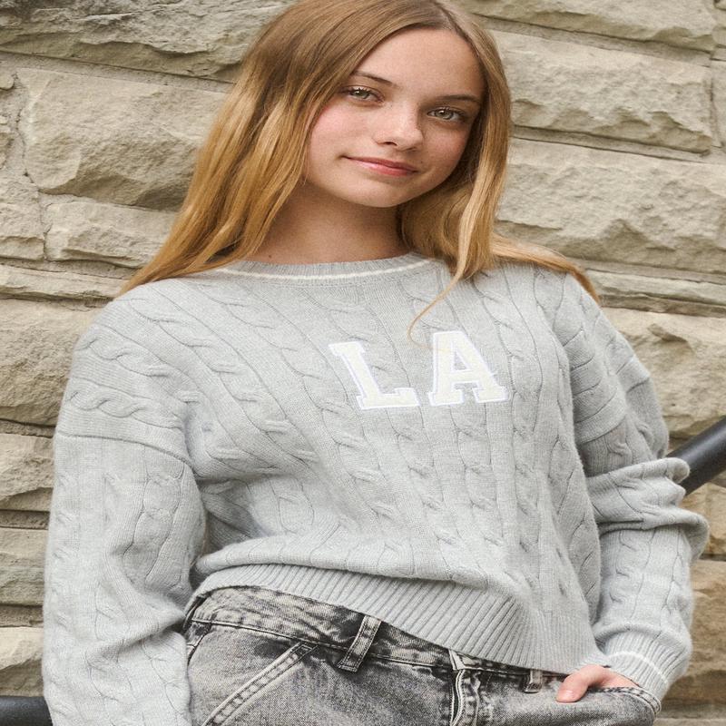 Girls Embroidered Cable Knit Sweater