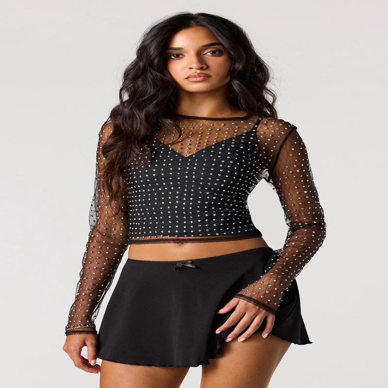 Mesh Rhinestone Long Sleeve Top