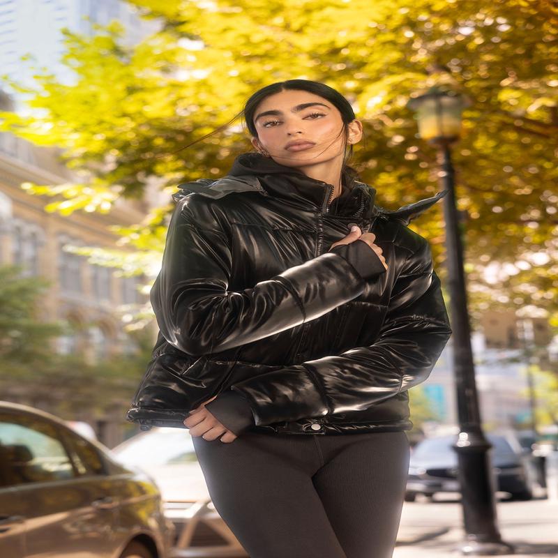 Shiny Faux-Leather Puffer Jacket