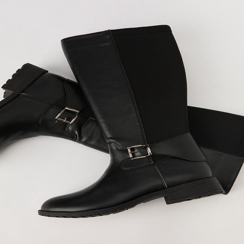 Faux Leather Stretch Buckle Strap Boot