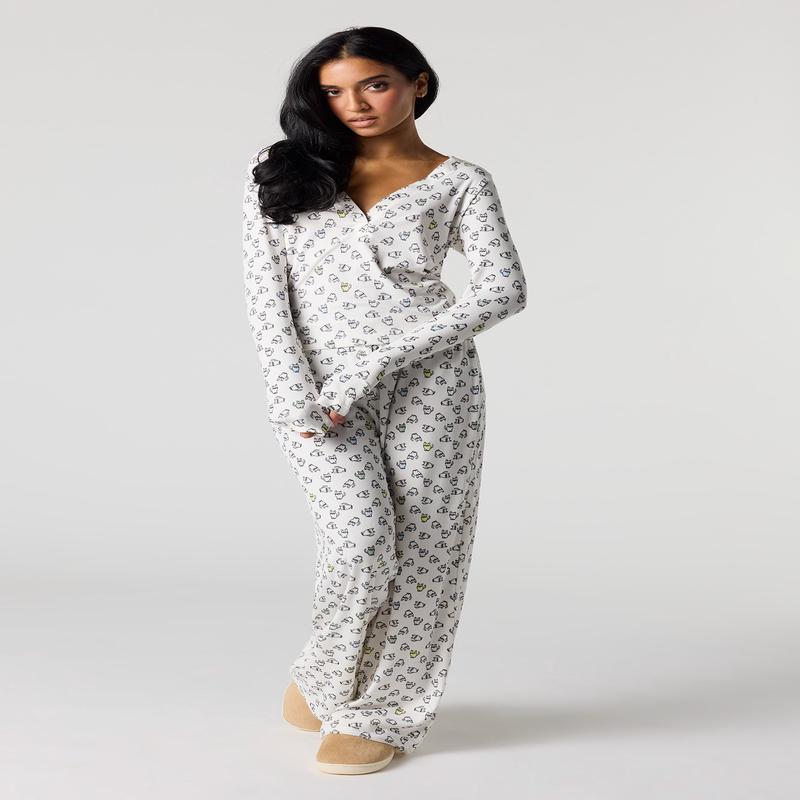 Printed Long Sleeve Ribbed Pajama Set