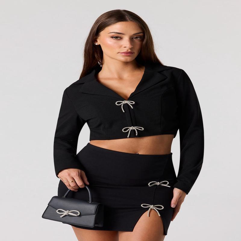 Rhinestone Bow Cropped Blazer