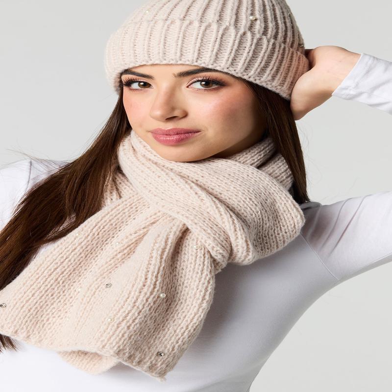 Rhinestone Pearl Beanie & Scarf Set