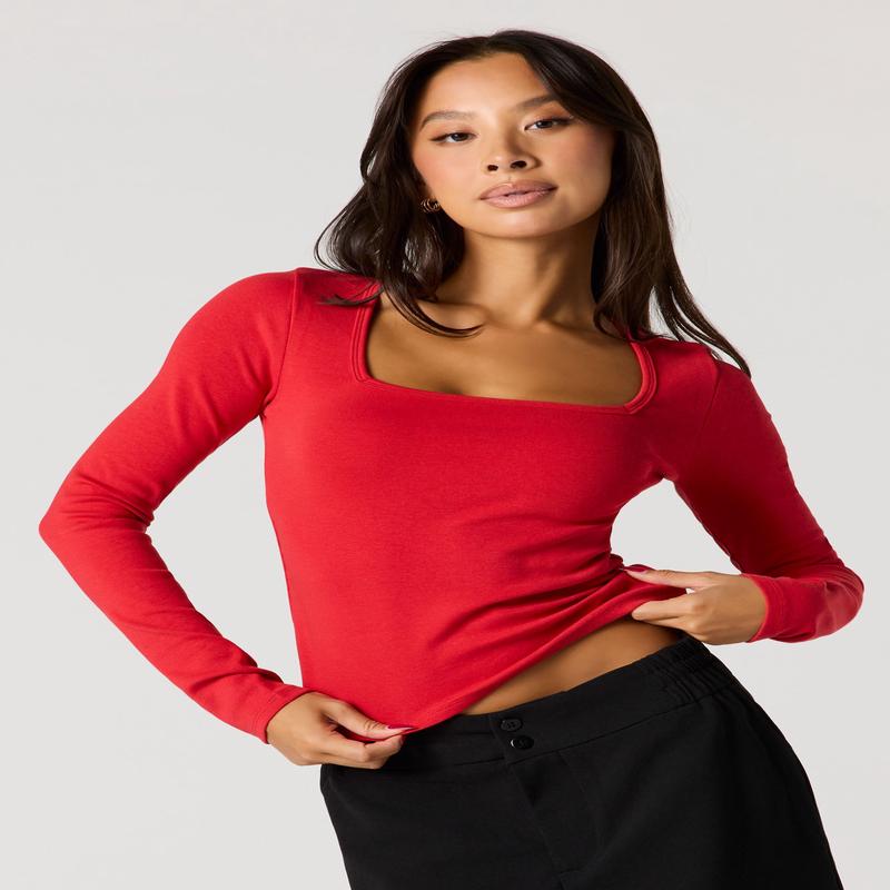 Ribbed Long Sleeve Square Neck Top