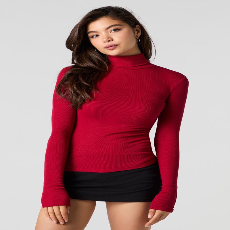 Ribbed Turtleneck Long Sleeve Top