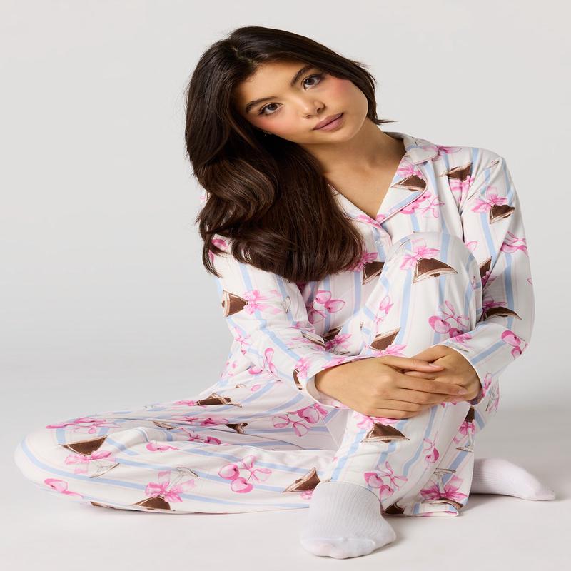 Button-Up Collared Long Sleeve Top & Pant Pajama Set