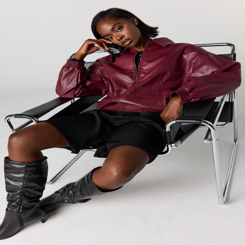 Faux Leather Collared Bomber Jacket