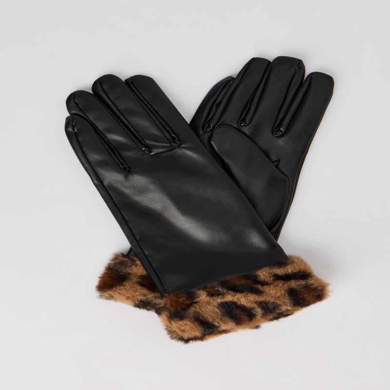 Fur Trim Faux-Leather Gloves