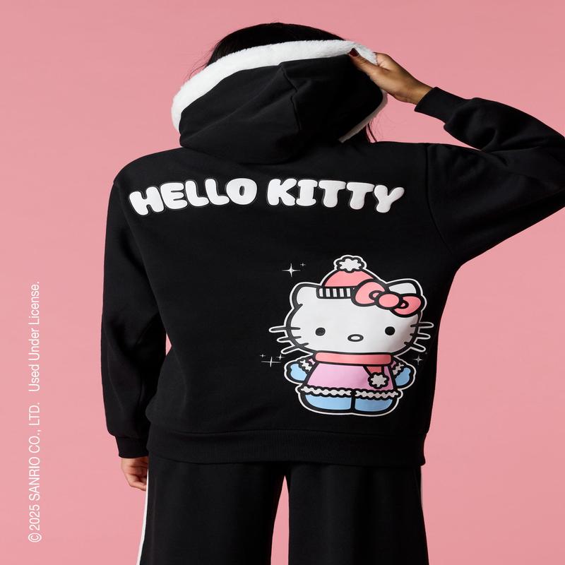 Hello Kitty Puff Print Faux Fur Trim Hoodie