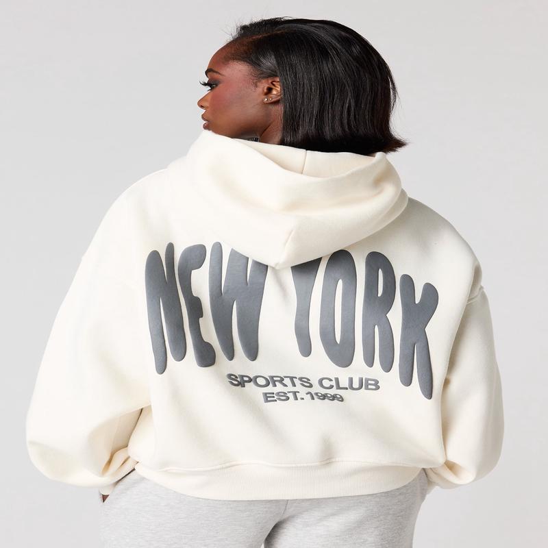 New York Puff Print Boxy Fleece Hoodie