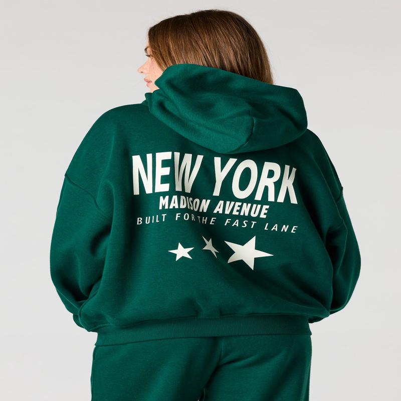 NY HD Print Boxy Fleece Hoodie