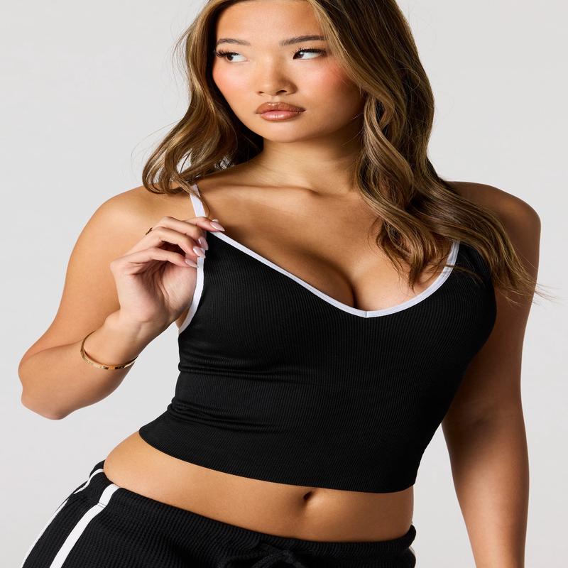 Seamless Ribbed V-Neck Cami with Built-In Bra