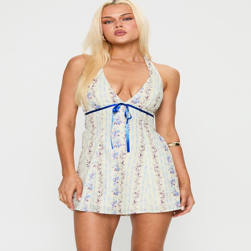 Jasmynne Halter Mini Dress White / Blue