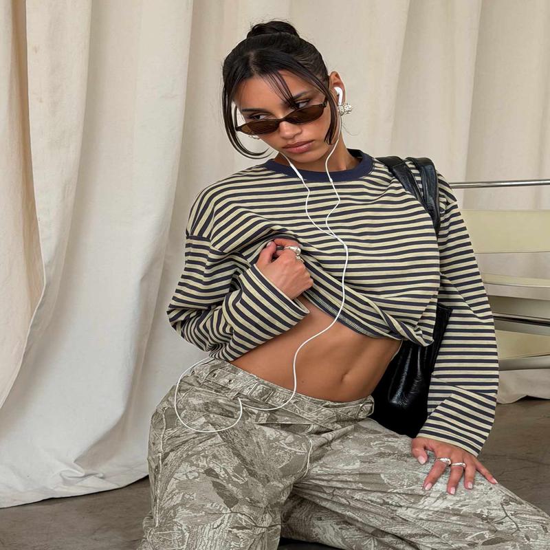 Bloom Long Sleeve Top Beige Stripe