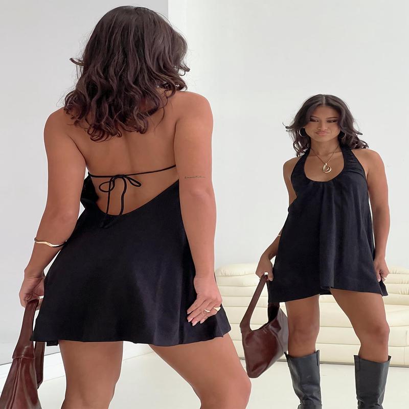Daydreams Linen Blend Halter Mini Dress Black