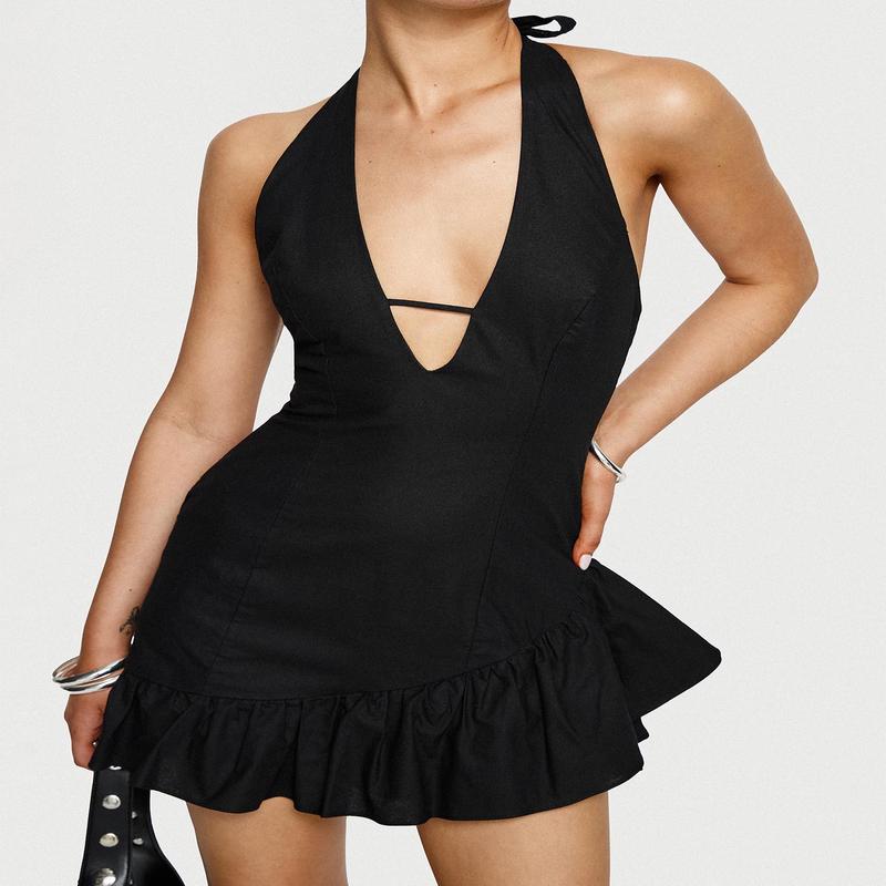 Solistaire Halter Mini Dress Black